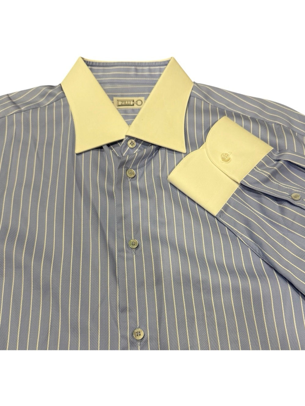 Zilli Italian Dress Shirt Size 44 17.5 in Blue Stripe White Collar 100% Cotton
